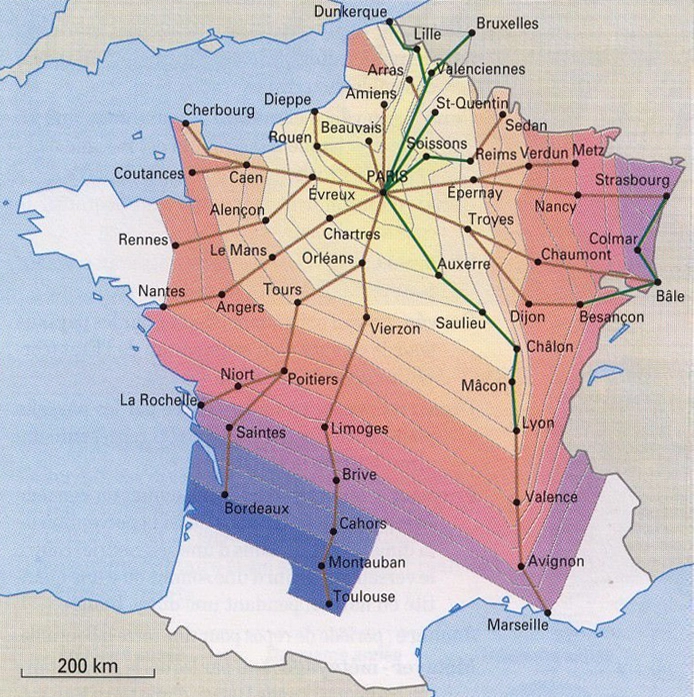 Carte du temps de parcours depuis Paris en jours au XVIIIe siècle - Guy Arbellot, 1973