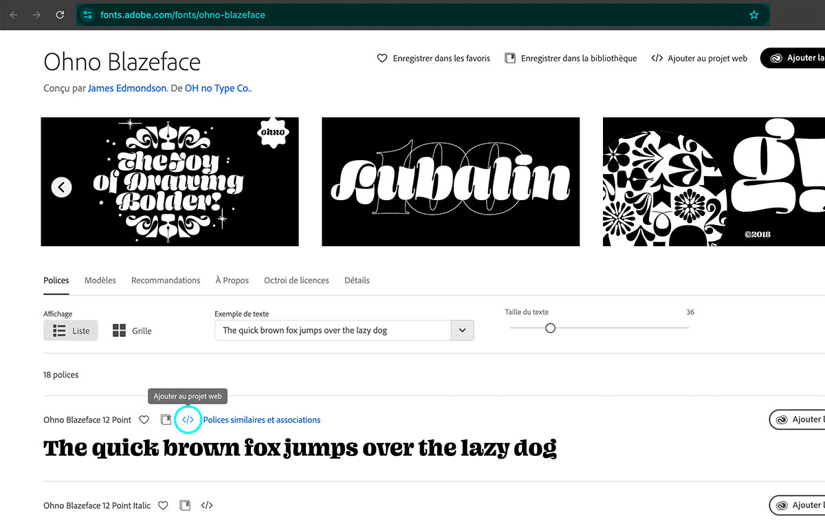 la police Ohno Blazeface dans le navigateur web, sur le site Adobe Font