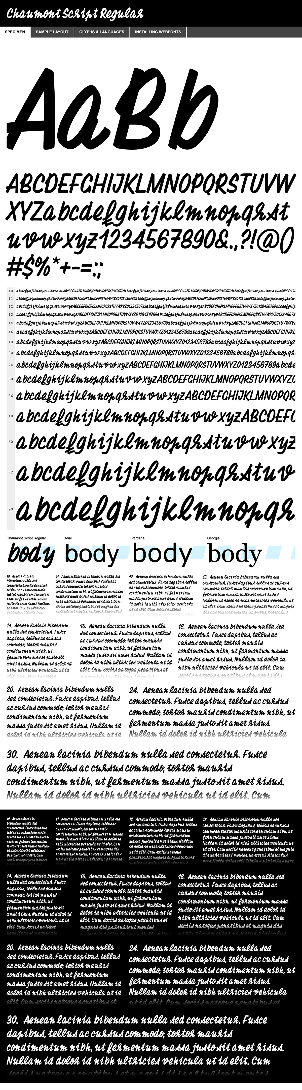 La feuille de démonstration du caractère Chaumont avec des corps typographiques différents