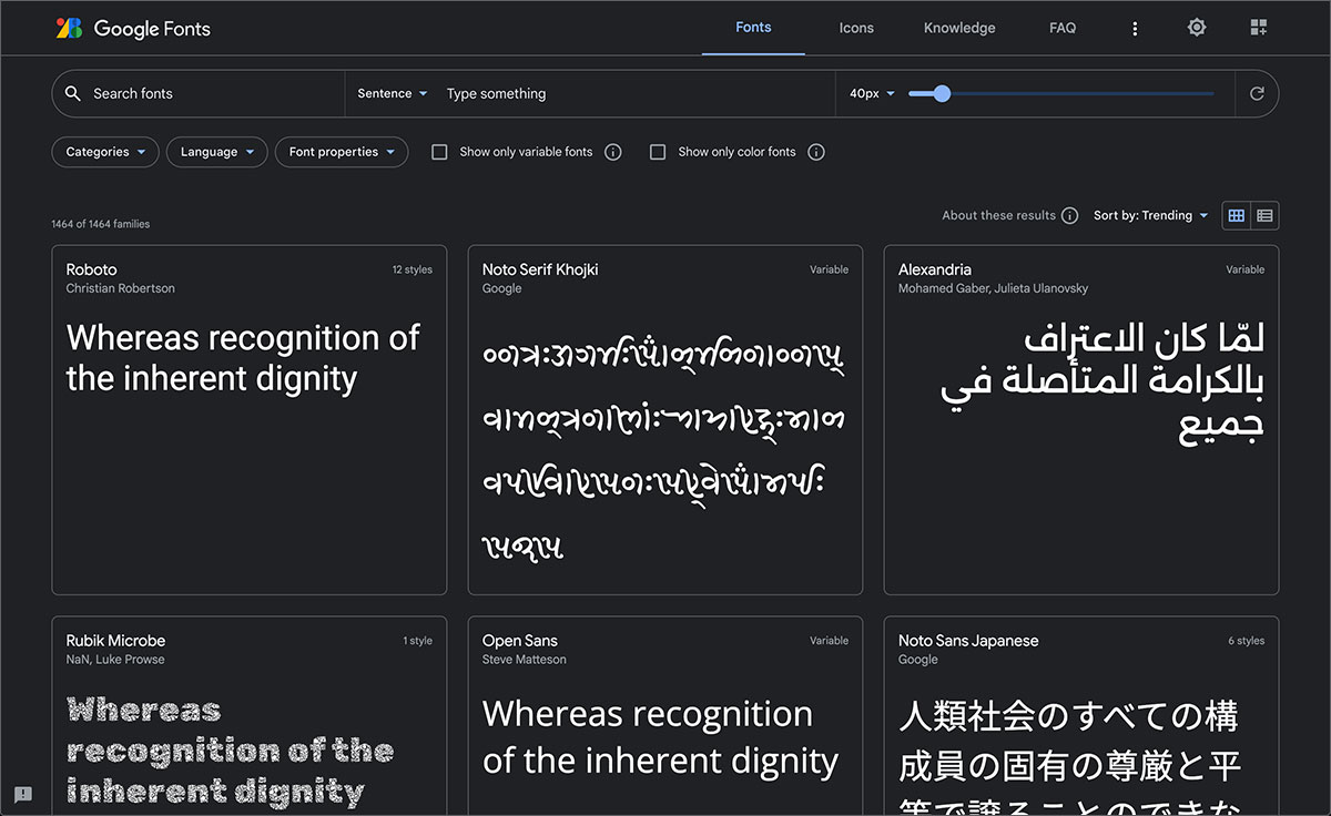 la page d'accueil du site internet Google Font