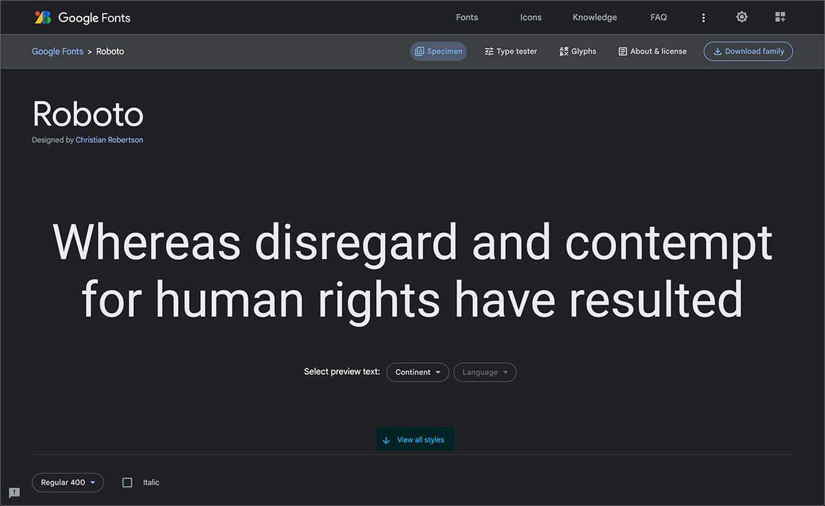 la police de caractères nommée Roboto et sélectionnée dans Google Font