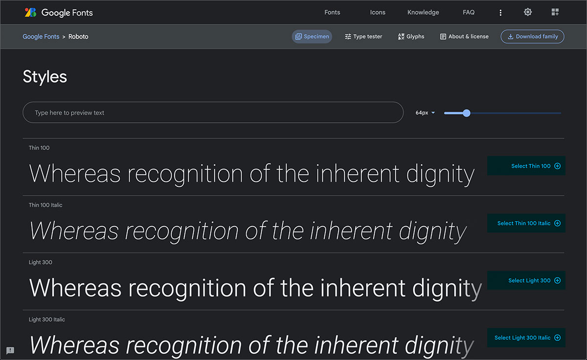 la sélection des styles dans Google Font