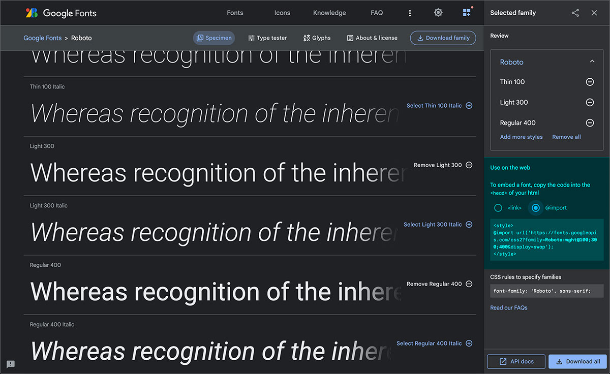 l'espace CSS rules to specify families de l'interface avec l'option @import sélectionnée