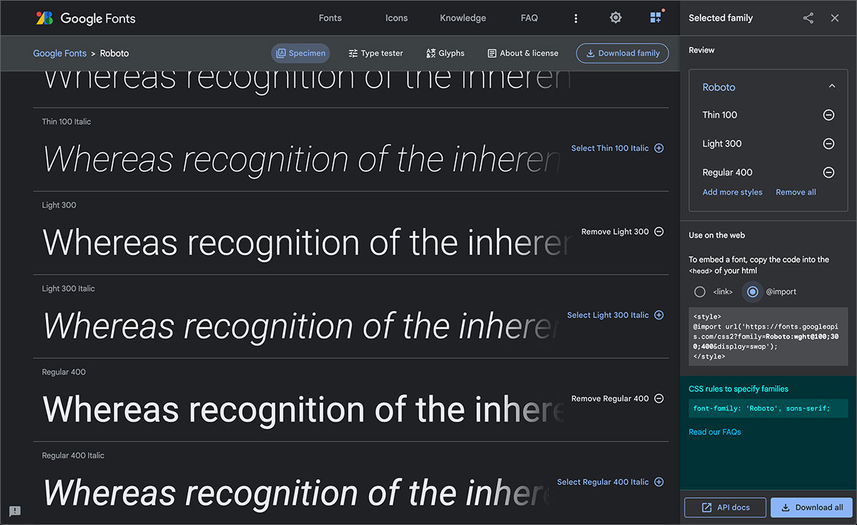 l'espace CSS rules to specify families de l'interface'