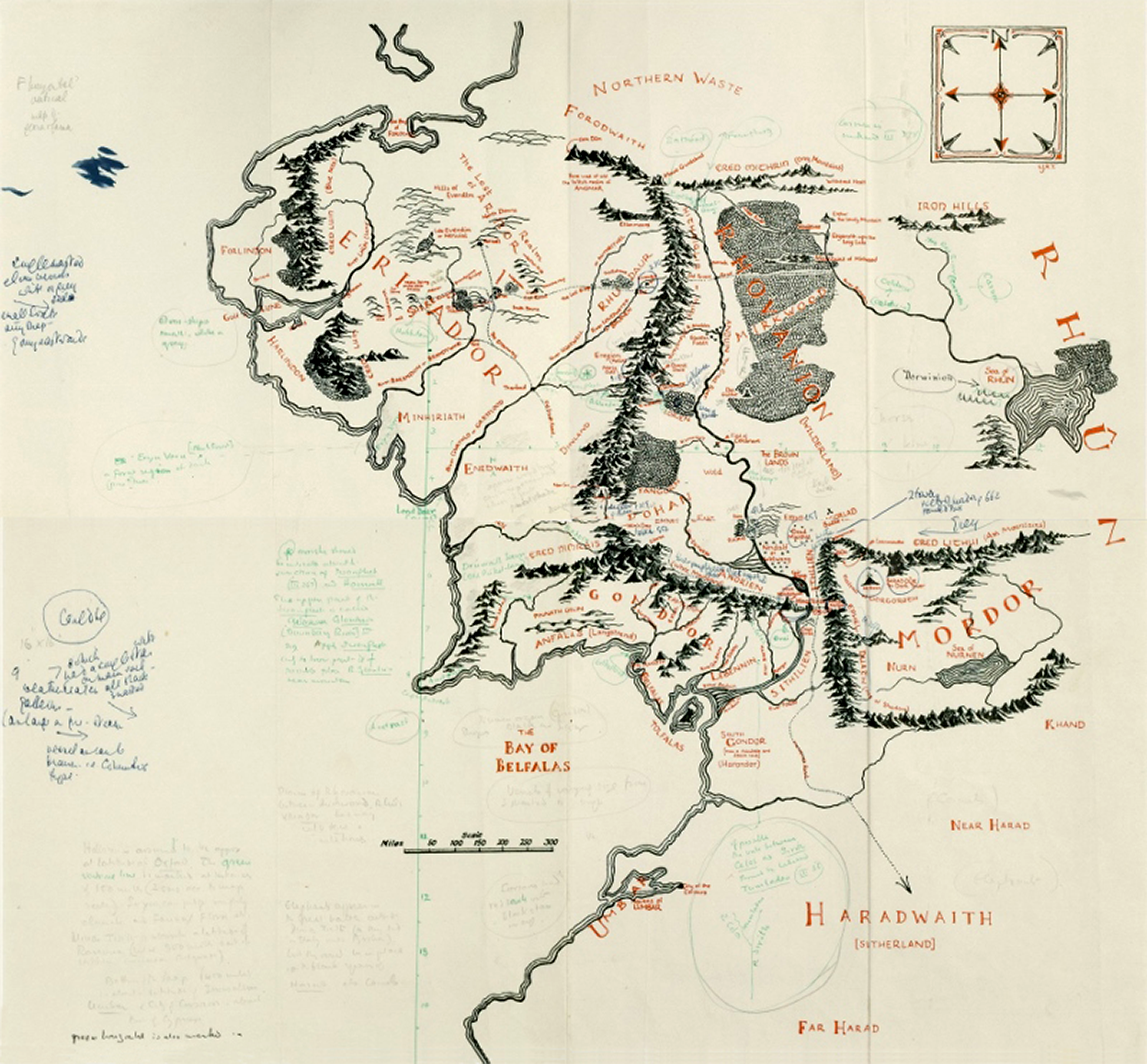 la carte de la Terre du Milieu réalisée par J.R.R. Tolkien en 1954
